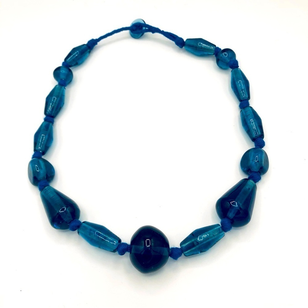 Vintage Hand-Blown Blue Glass Bead Necklace | Hand-Knotted Cotton Cord | Artisan